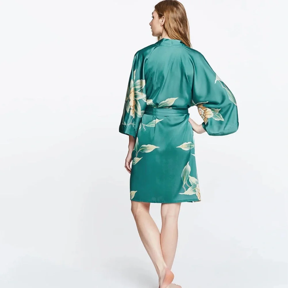 Green Floral Kimono Robe with Sash - Picture 2 of 12